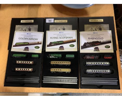 THREE BOXED MINIATURE TRAINS, THE GOLDEN ARROW, THE FLYING SCOTSMAN AND THE RHEINGOLD 