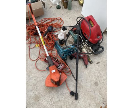 AN ASSORTMDENT OF GARDEN TOOLS TO INCLUDE A CHAINSAW, PRESSURE WASHER AND GRASS STRIMMER ETC 