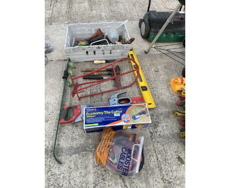 AN ASSORTMENT OF ITEMS TO INCLUDE SADDLE RACK, TOOLS AND JUMP LEADS ETC 