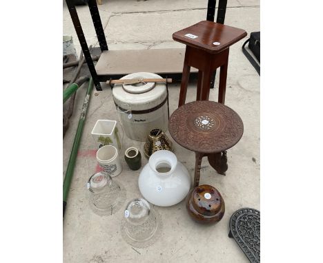 AN ASSORTMENT OF ITEMS TO INCLUDE A PRESERVING JAR, A SCARVED STOOL AND VARIOUS LAMP SHADES 