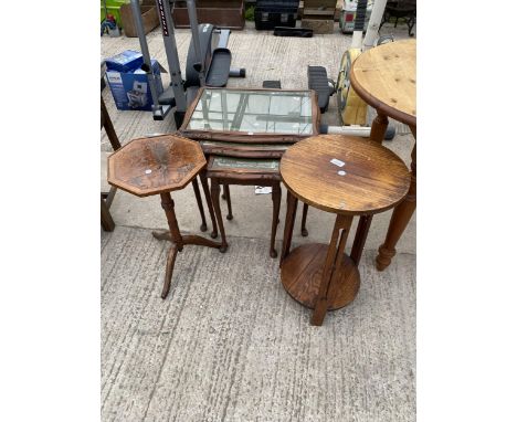 A NEST OF TABLES, OAK TWO TIER OCCASIONAL TABLE AND WALNUT TRIPOD TABLE 