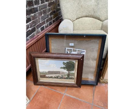 A FRAMED PRINT OF HAMPTON COURT AND A FRAMED TEAPOT COLLAGE 
