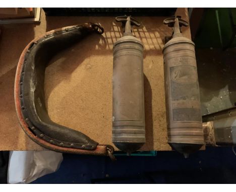 TWO VINTAGE FIRE EXTINGUISHERS AND A SMALL YOKE 