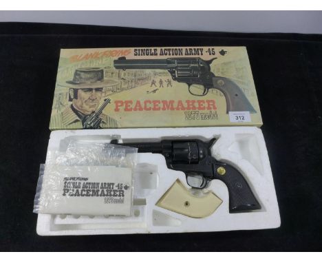 A BOXED BLANK FIRING COLT SINGLE ACTION ARMY .45 REVOLVER BY SUSSEX ARMOURY, 12CM BARREL, WITH SPARE IVORY GRIPS 