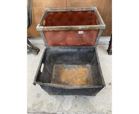 A VINTAGE WOODEN BANDED TEXTILE BASKET AND A FURTHER VINTAGE BASKET 