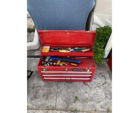 A SENATOR METAL TOOL BOX WITH AN ASSORTMENT OF TOOLS TO INCLUDE SOCKETS, A HAMMER AND SCREW DRIVERS ETC 