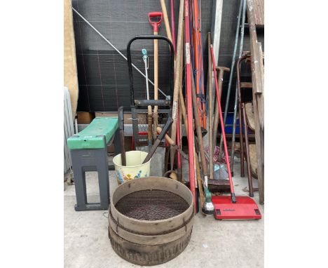 AN ASSORTMENT OF ITEMS TO INCLUDE A EWBANK, GARDEN TOOLS AND SOIL SIEVES ETC 