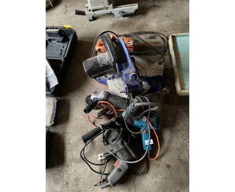 SIX VARIOUS ELECTRIC TOOLS TO INCLUDE DRILLS, ANGLE GRINDER, CIRCULAR SAW AND SAW 