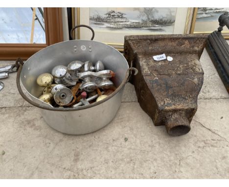 A CAST IRON GUTTER HOPPER, A STAINLESS JAM PAN AND AN ASSORTMENT OF DOOR FURNITURE ETC 