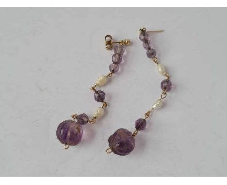 A pair of amethyst and pearl drop earrings 9ct   
