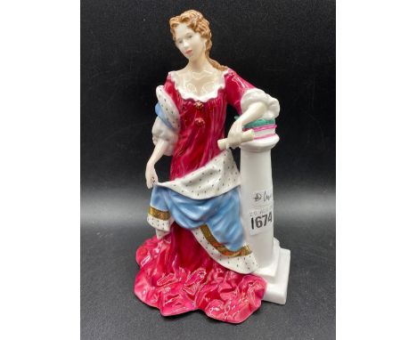 A Royal Worcester figure of Queen Anne beside pillar, 9" high