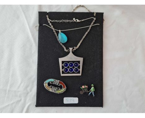 A pad costume items including a Swedish deco necklace and a silver and enamel flower seller brooch