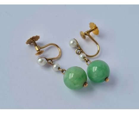 A pair of jade and pearl ear pendants 9ct