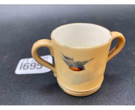 A Royal Worcester two handled cup painted with Swifts or Swallows, 1 3/4" high