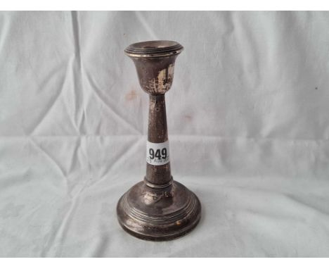 Circular candle stick with tapering stem, reeded rims. 6.5 in high. Birmingham 1919