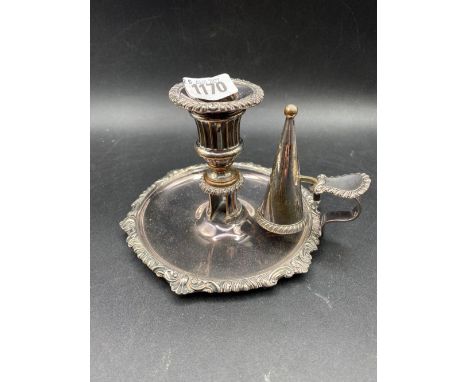 An old Sheffield chamber candlestick with gadrooned rim and extinguisher