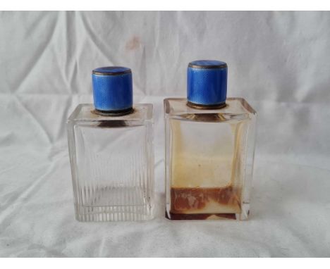 Two blue enamel and silver mounted retangular scent bottles. 3.5 in high