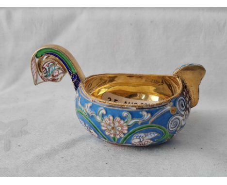 Enamel two handled bowl in form of bird. 3inch wide