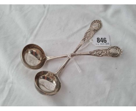 A pair of unusual Scottish sauce ladles with cast scroll decoration, Glasgow 1838 by JG &amp; S, 116 g.
