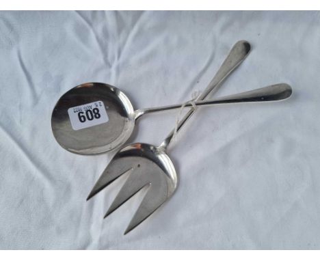 A serving spoon and fork with a circular bowls, Sheffield 1924 by W&amp;H, 150 g.