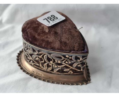 An Art Nouveau heart shaped dressing table box with pin cushion top, 4.5” wide, Birmingham 1902 by L&amp;S