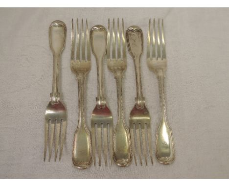 Six Victorian silver dinner forks of fiddle back and thread pattern, London 1856, Elizabeth Eaton,  approx 565.8g