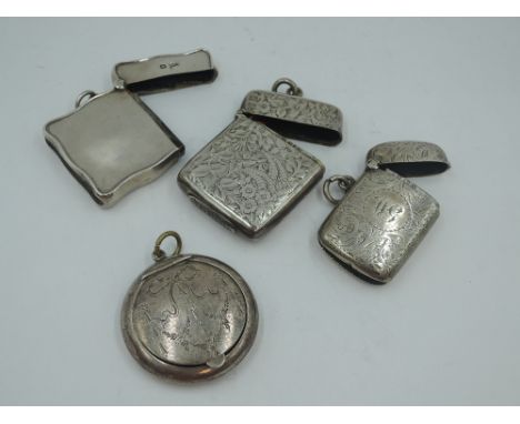 Three HM silver vestas of various forms including plain with moulded rim, and an HM silver mirrored powder holder having engr