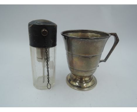 A small silver christening mug of beaker form having inscription to front, Birmingham 1959, Joseph Gloster Ltd, approx 91g an