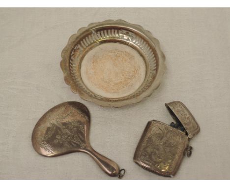A miniature silver hand mirror having engraved ribbon and swag decoration, Birmingham 1922, Samuel M Levi, an HM silver vesta