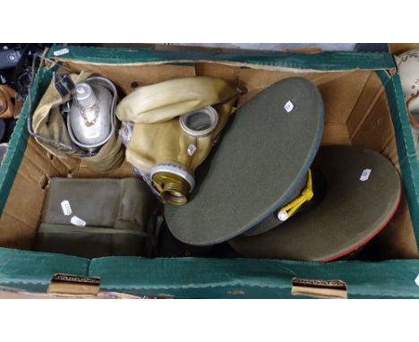 2 Russian caps, a helmet, flask etc