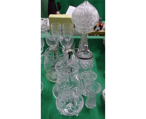 A glass table lamp in 2 parts, jugs etc