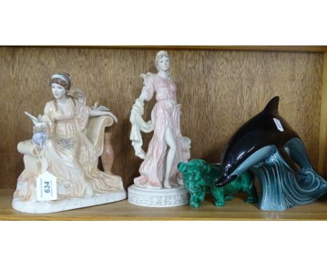 2 Wedgwood figures, a Poole dolphin and a Malachite rhino