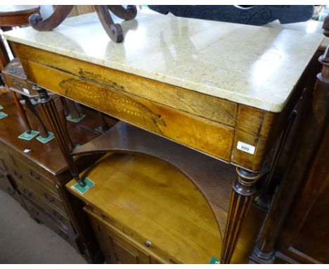 An Edwardian rosewood and marquetry inlaid dressing table with coloured marble top, 2 frieze drawers, turned and reeded legs 