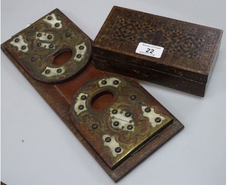 A Victorian brass and ivory mounted extending book-rack and a small Tunbridge Ware box, width 7" (2)