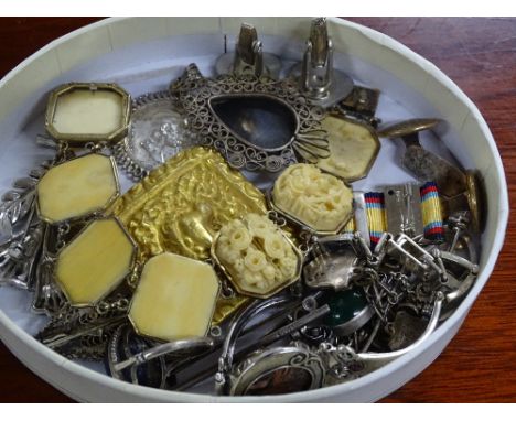 A carved ivory panel set bracelet, gilt-metal cuflinks, silver and other costume jewellery