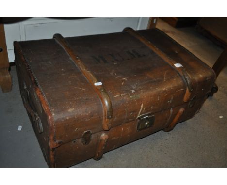 A Vintage steel and wooden bound trunk, length 75 cm