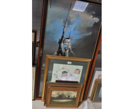 Cricket caricature, Barry Clarke coloured print, spitfire, and 3 others