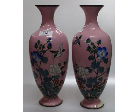 A pair of Japanese cloisonne enamel vases on pink ground, circa 1900, height 12"