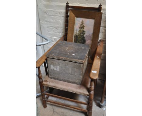 1920s oak adjustable armchair, pine trunk and oil on panel panoramic view (3)