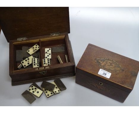 A Victorian mahogany and marquetry inlaid tea caddy, a Victorian oak box with plated mounts and a set of dominos