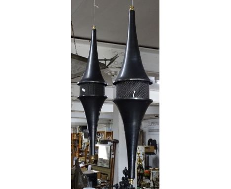 A pair of large contemporary designer pendant lamp shades in blackened steel and brass.