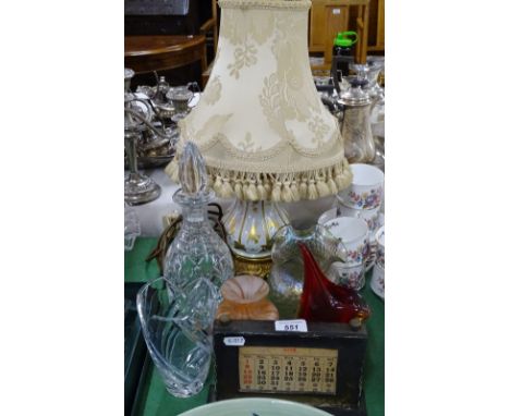 A Silver fronted desk calendar, Murano vase, a glass decanter, a porcelain table lamp etc