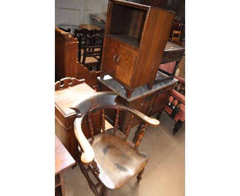 A marble top oak washstand, Captain's chair, pot cupboard, sewing cabinet and another (5)