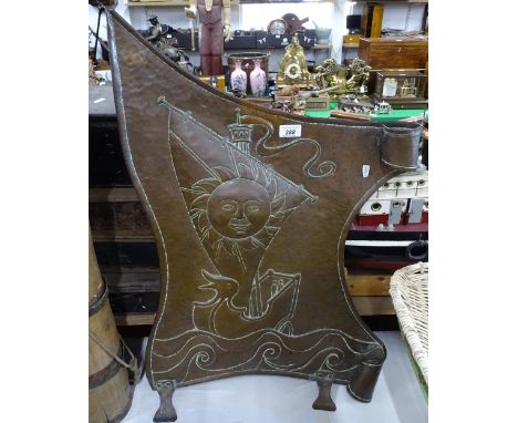 An Arts and Crafts copper firescreen, attributed to John Pearson, with relief Viking longboat design, unsigned