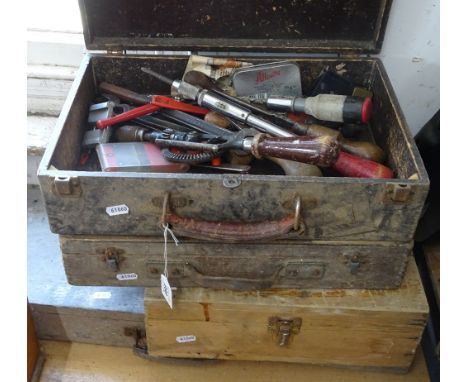4 various wooden toolboxes and tools
