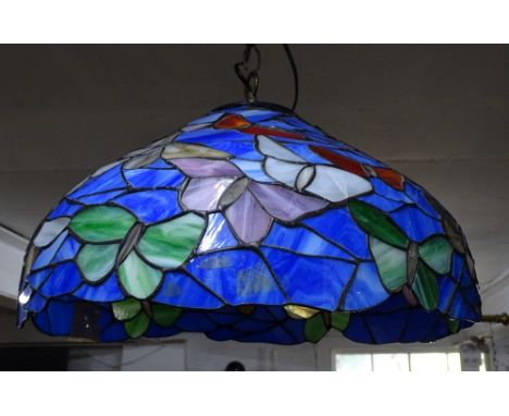 A modern Tiffany style leaded glass butterfly design hanging light fitting, 50cm across.