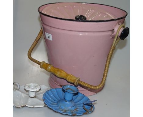 Pink enamel pail and cover, 2 chamber sticks and a cast-iron match holder