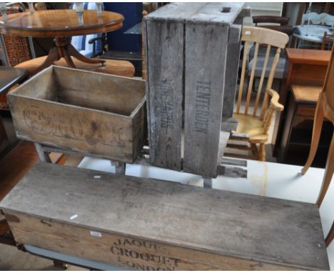 A Vintage part croquet set in original by Jaques of London pine cased, 2 Vintage pine crates and a sled 