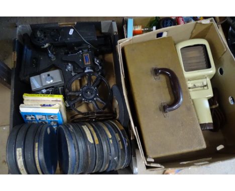 2 trays with a film projector, 2 movie cameras, old films etc