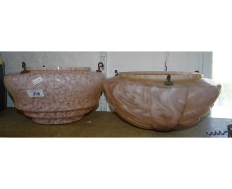2 Art Deco pink marbled glass ceiling light shades